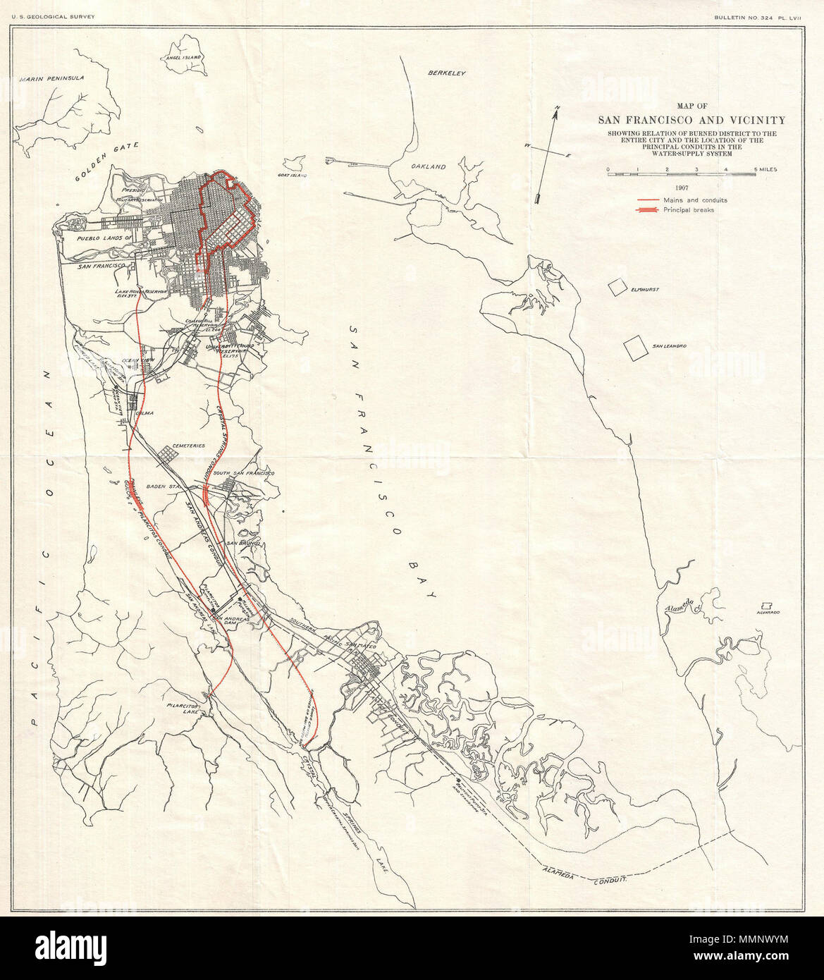 .  English: An unusual map of San Francisco Peninsula and part of San Francisco Bay dating to 1907. This map was published by the U.S. Geological Survey following the terrible San Francisco Earthquake and Fire of 1806. This natural disaster, comparable to the devastation wrought by Hurricane Katrina, is considered the largest is California History. This map highlights the developed parts of San Francisco most damaged by the fire in red ink. It also shows the water conduits that supply the city. Published in the U.S. Geological Survey's 1907 report on the San Francisco Earthquake and Fire.  Map Stock Photo