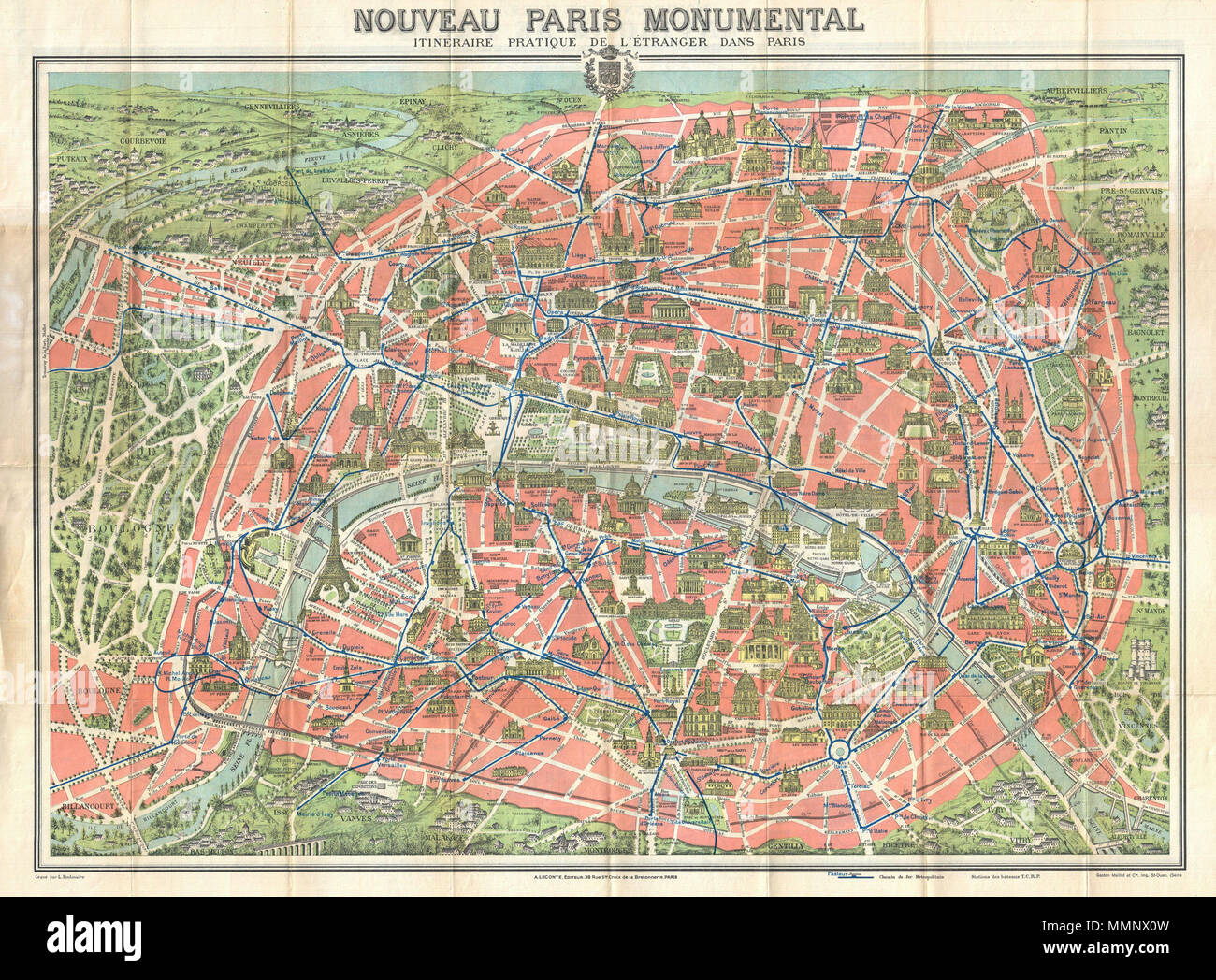 .  English: A highly decorative map of Paris dating to c. 1910. Covers the historic center of Paris as well as some of the surrounding countryside - in particular the Bois de Boulogne. Designed with the tourist in mind, this map shows all major monuments and historic attractions, including the Eiffel Tower, in profile. Train and tram lines are noted in blue. Folds into original art nouveau style red binder which also contains a short guide to the city in English, French and German.  Nouveau Paris Monumental Inineraire Pratique de L'Etranger Dans Paris.. 1910 (undated). 12 1910 Leconte Monument Stock Photo