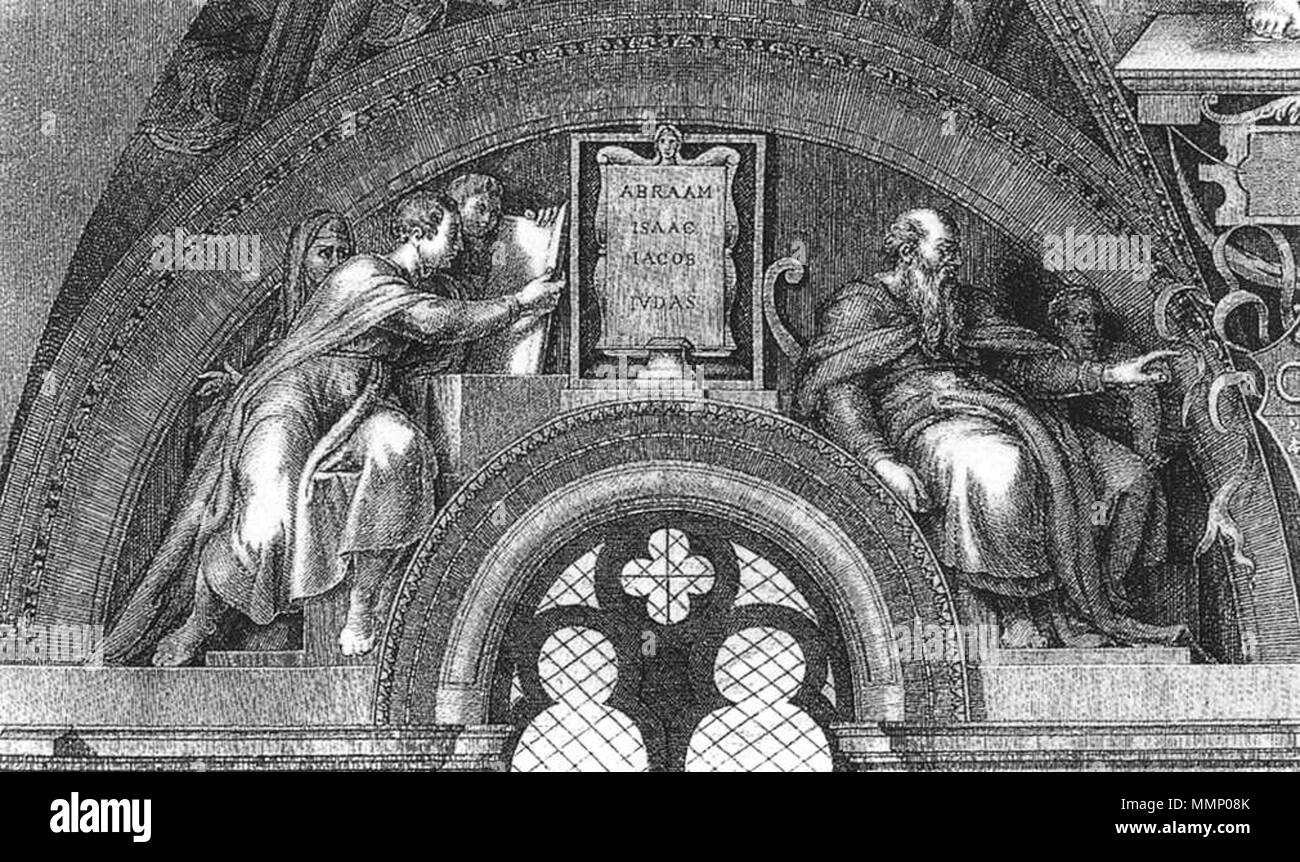 English: Abraham - Isaac - Jacob - Judah . between 1511 and 1512. 24 Abraham - Isaac - Jacob - Judah by Michelangelo Buonarroti Stock Photo