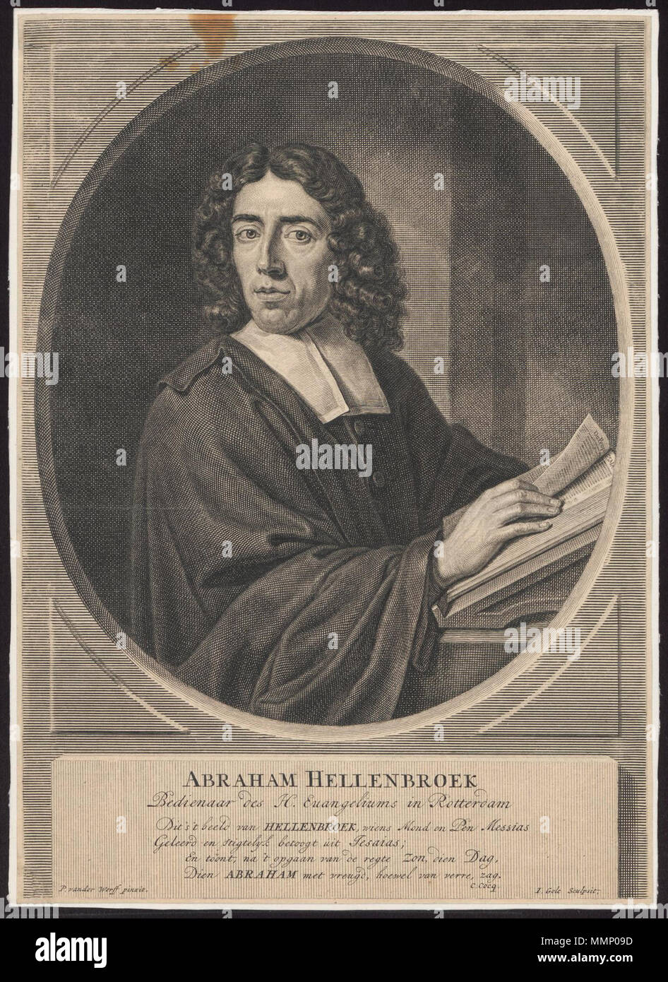 . English: Abraham Hellenbroek (1658-1731), Dutch minister. Nederlands: Een kopergravure van de Nederlandse predikant Abraham Hellenbroek uit de collectie Protestantse portretten van Museum Catharijneconvent en Vrije Universiteit, Amsterdam.  . circa 1710. engraving by Jacob Golé, illustration by Pieter van der Werff, poem by Christianus Cocq 24 Abraham Hellenbroek Stock Photo