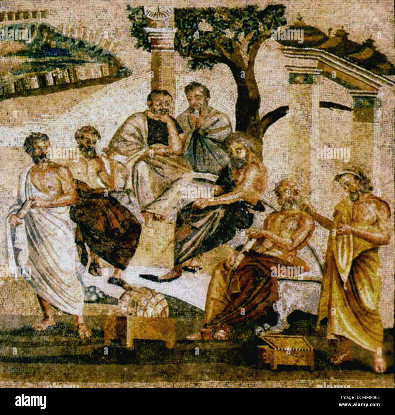 . Ancient Academy/ Academy of Plato. Mosaic from Pompeii, now in the Museo Archeologico Nazionale (Naples). PAY ATTENTION ! This is a mirror image ! The correct view is this.--DenghiùComm (talk) 22:28, 31 January 2014 (UTC)  . Ancient. anonimous 25 Academia mosaic Stock Photo