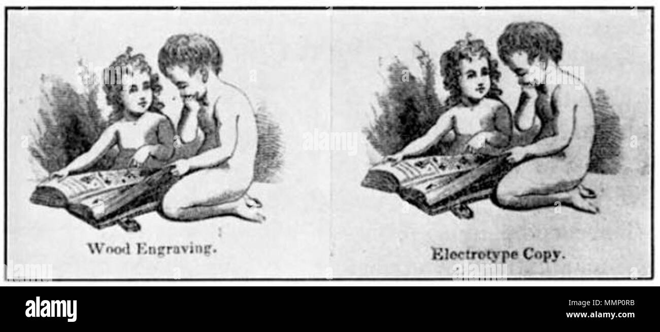. English: April, 1841 illustration by Joseph Alexander Adams from the US magazine American Repertory. The illustration compares printing using a wood carving and using a copper electrotype made from the same carving. It is among the earliest images printed using electrotyping; for more than 125 years afterward, electrotyping and stereotyping were widely used printing technologies.  . 1 November 2011. Joseph Alexander Adams 26 AdamsElectrotype1840 Stock Photo