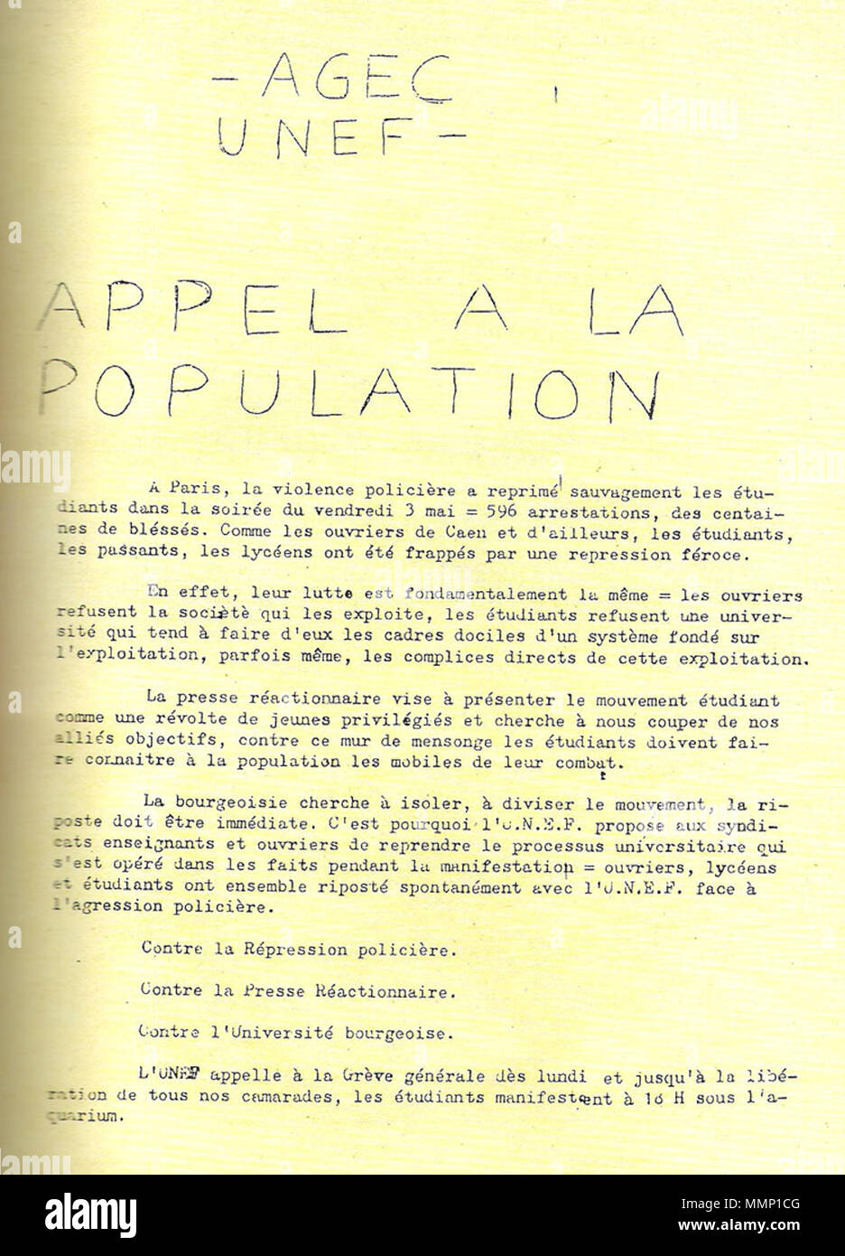 . Français : tract de l'AGEC-UNEF du 4 mai 1968  . 4 May 1968. AGEC 29 Agec4mai1968 Stock Photo