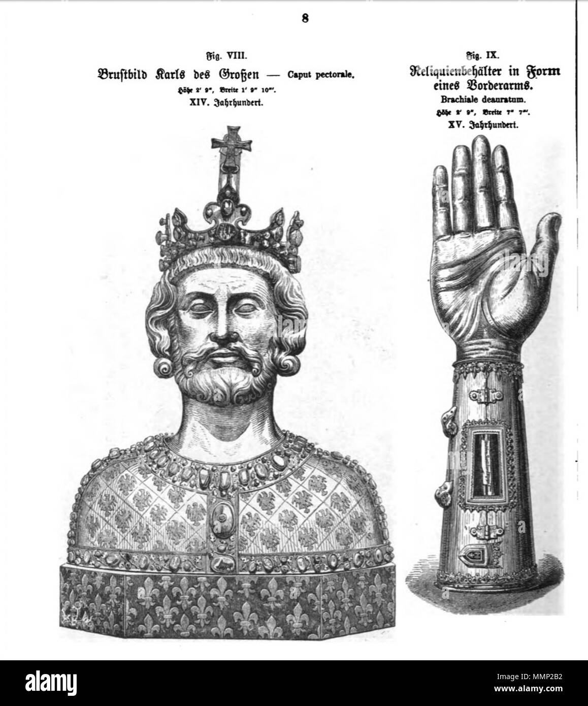 . English: Page from Das Heiligtum zu Aachen with woodcut illustrations of the the reliquary bust and the reliquary arm of Charlemagne in Aachen Cathedral, Germany. Two of 51 illustrations in Franz Bock's 1867 publication on the Aachen Cathedral treasures.  . 1867. unknow engraver Franz Bock, Das Heiligtum zu Aachen, Seite 08 Stock Photo