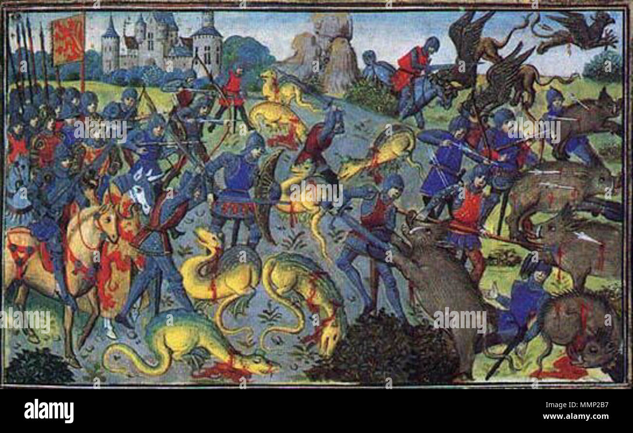 . Английский: Alexander the Great battling monsters, the French 15th century miniature // Russian: Александр Великий сражается с чудовищами, французская миниатюра 15 века  . 15th century. Unknown 34 Alexander and Monsters Stock Photo