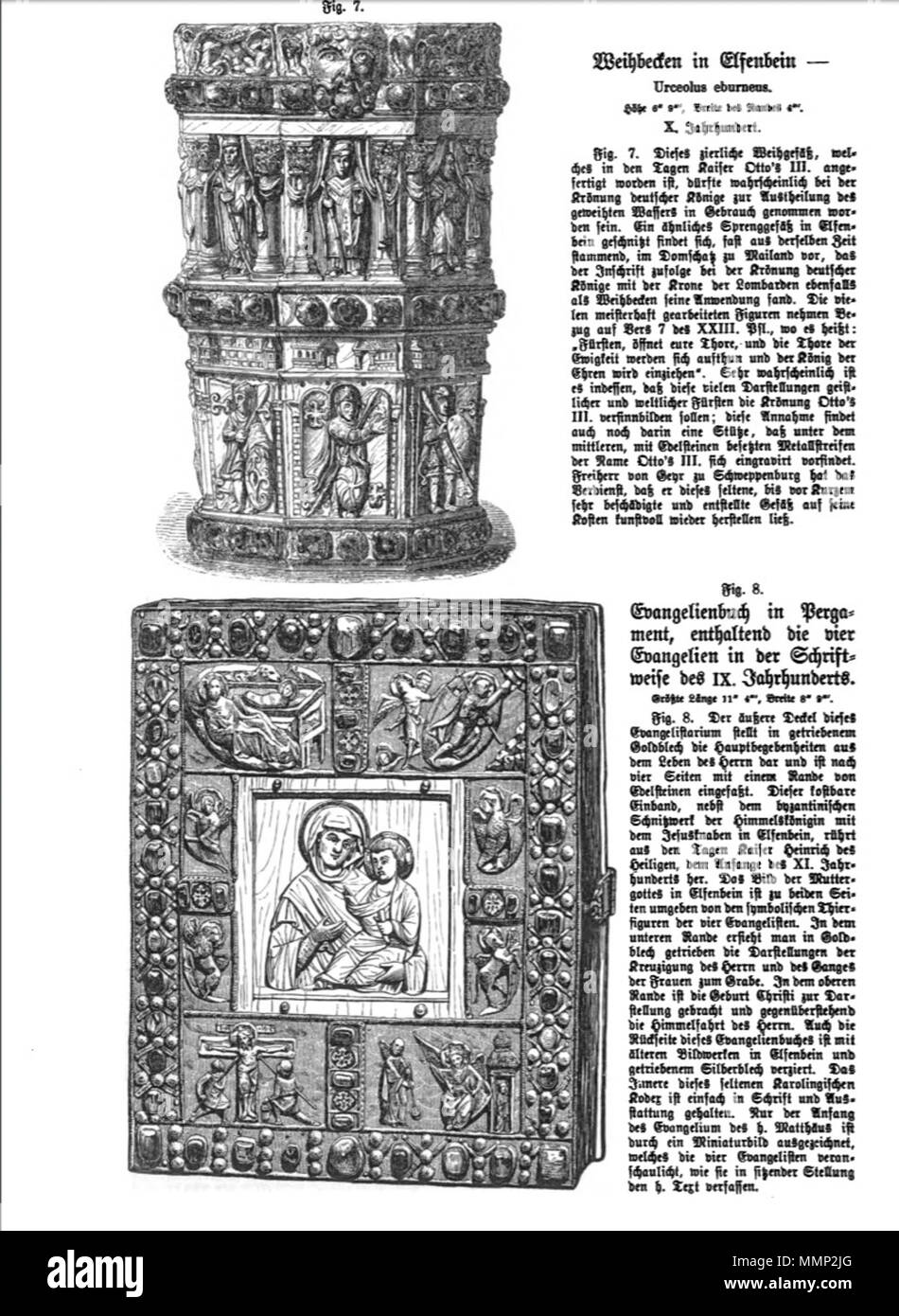 . English: Page from Das Heiligtum zu Aachen with woodcut illustrations of two ivory objects in Aachen Cathedral Treasury, Germany. Two of 51 illustrations in Franz Bock's 1867 publication on the Aachen Cathedral treasures.  . 1867. unknow engraver Franz Bock, Das Heiligtum zu Aachen, Seite 26 Stock Photo