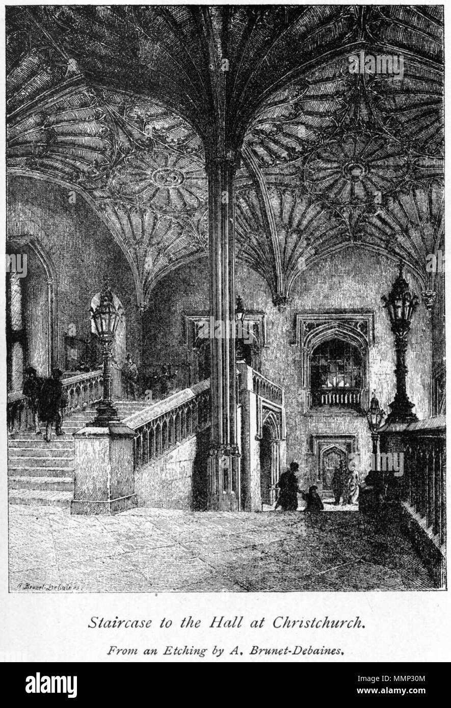 . English: Staircase to the hall at Christchurch - Oxford: Brief Historical and Descriptive Notes by Andrew Lang, M.A., sometime Fellow of Merton College, Oxford [1844 – 1912]; sixth edition, Seely & Co. Ltd., London, 1896.  . 1896. Alfred-Louis Brunet-Debaines (1845-1939) 38 Alfred-Louis Brunet-Debaines06 Stock Photo