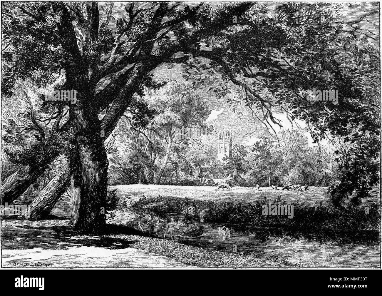 . English: Magdalen Tower from Christchurch Meadows - Oxford: Brief Historical and Descriptive Notes by Andrew Lang, M.A., sometime Fellow of Merton College, Oxford [1844 – 1912]; sixth edition, Seely & Co. Ltd., London, 1896.  . 1896. Alfred-Louis Brunet-Debaines (1845-1939) 38 Alfred-Louis Brunet-Debaines02 Stock Photo