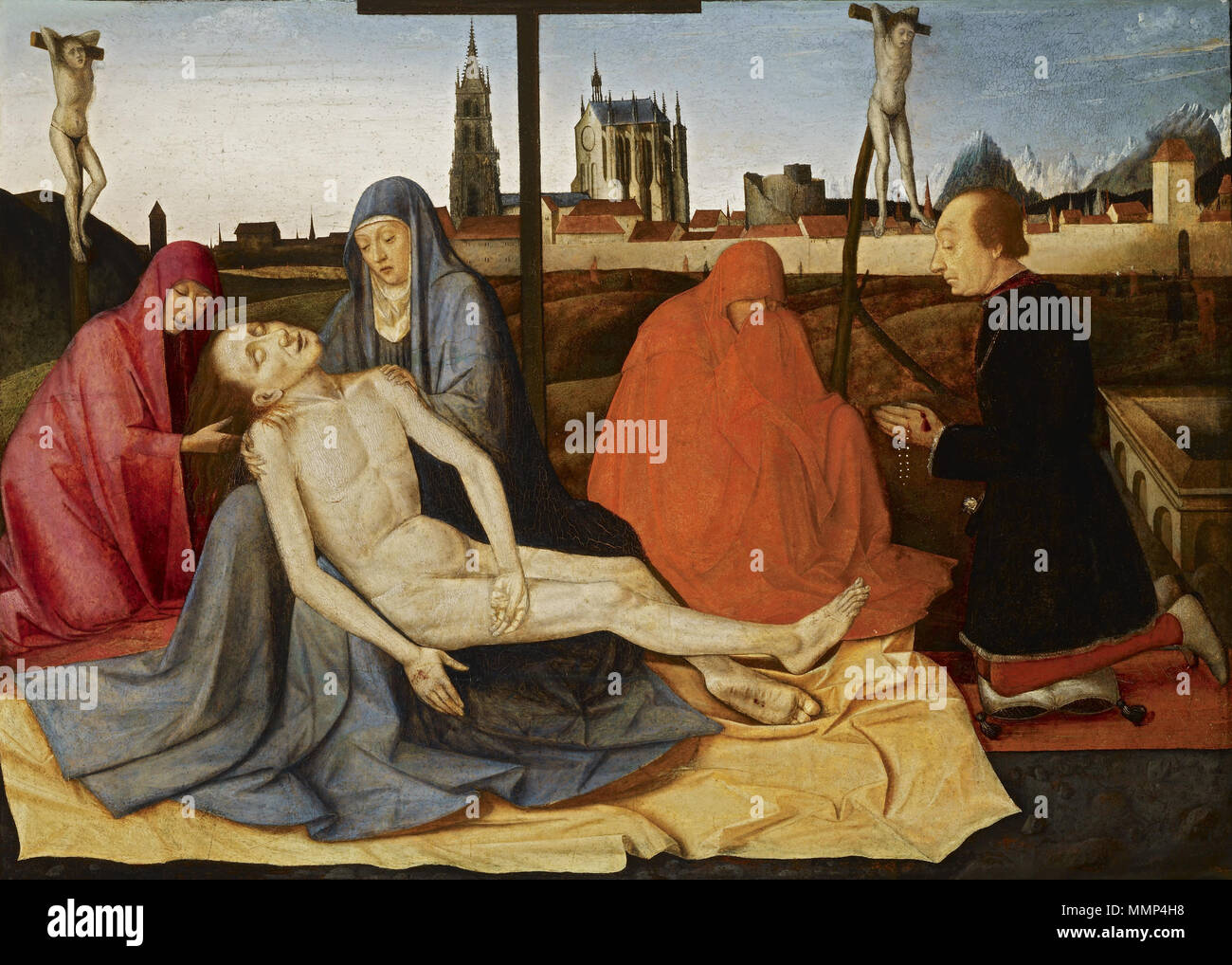 . painting bearing remarkable resemblance to 1981.1.172, painting (without a donor) purchased by Helen Clay Frick in 1981  English: Pietà . between circa 1440 and circa 1499. After Konrad Witz - Lamentation with Donor Stock Photo