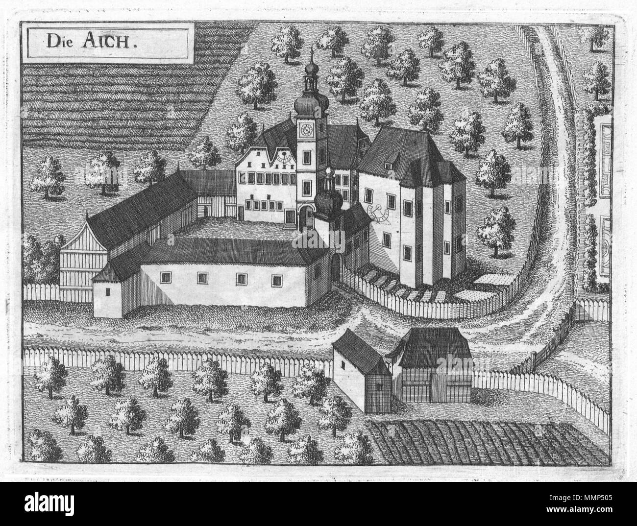 . Deutsch: Schloss Aich um 1674  . 1674. Georg Matthäus Vischer. Aich Vischer Stock Photo