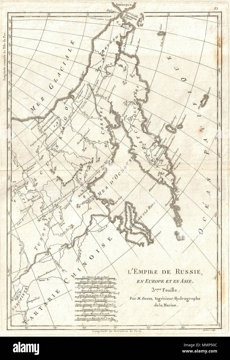 .  English: An attractive example of R. Bonne’s c. 1780 map of Eastern Russia, Tartary, and Siberia. Covers from Nerczinsk and Chinese Tartary north to the Arctic and eastward as far as Alaska. Focuses on Siberia showing various villages, fortifications, trading stations, and rivers. The explorations of Vitus Bering are evident. Drawn by Bonne for an unknown publication, but seems to be the third map in a series covering all of Russia.  L'Emire deRussie, en Europe et en Asie. 3eme Fuille.. 1780 (undated). 1780 Bellin Map of Eastern Russia, Tartary, and the Bering Strait - Geographicus - Empire Stock Photo
