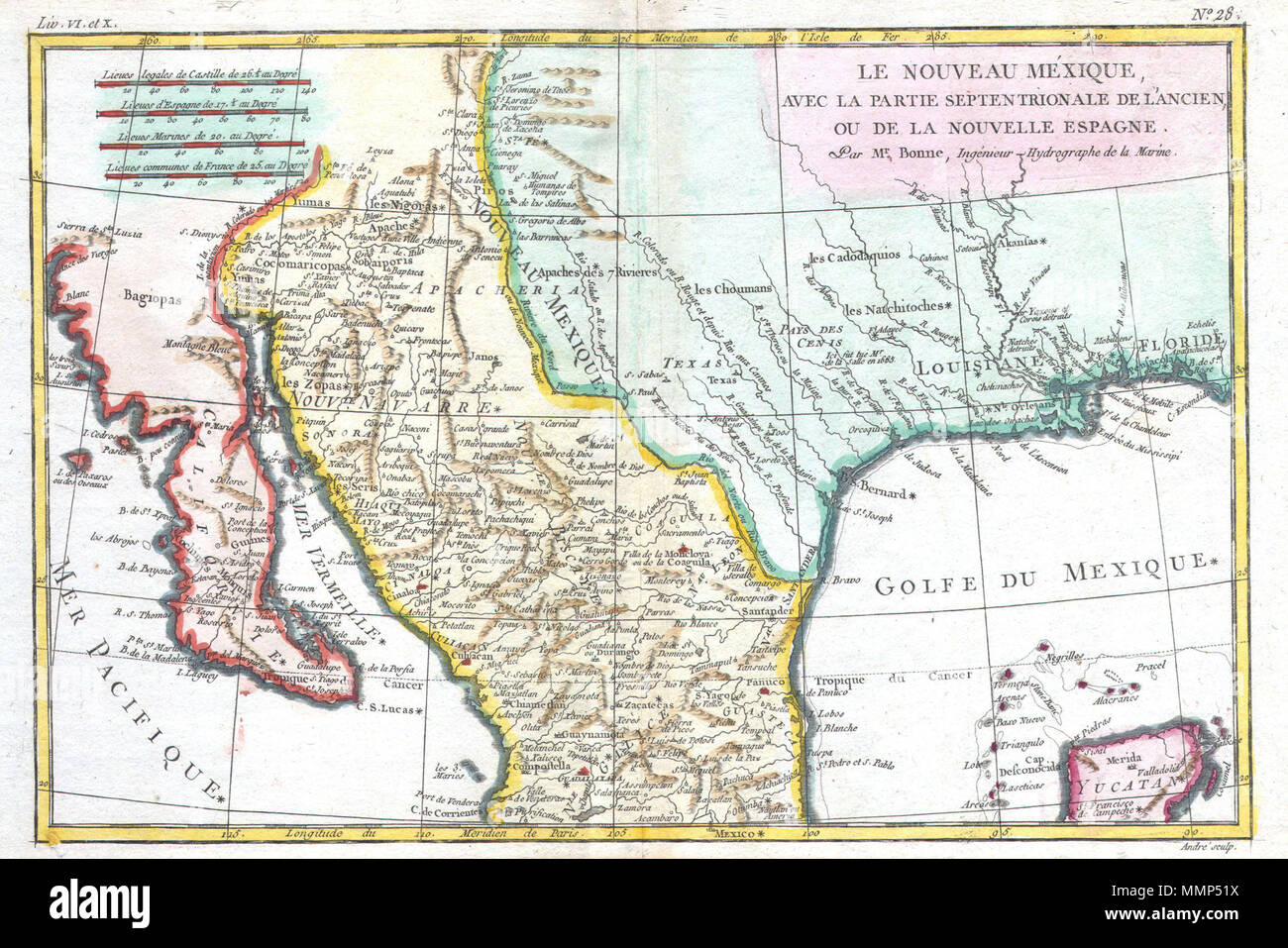 English: This is a beautiful c. 1780 Bonne map of the northern or Spanish colonial  Mexico. Covers from the Pacific Ocean through Mexico, Baja California, New  Mexico, Texas, and Louisiana —