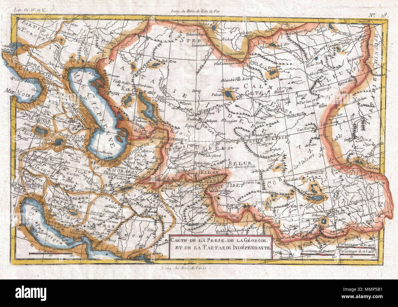 .  English: A fine example of Rigobert Bonne and Guilleme Raynal’s 1780 map of Central Asia. Focuses on the region once known as Tartarie Indépendante or Independent Tartary. This name was given to the great tract of land by Europeans in the middle ages, and included the land from the Caspian Sea and the Ural Mountains to China and India. This area was originally inhabited by Turkic and Mongol peoples of the Mongol Empire who were generically referred to as Tartars. This area includes the modern day countries of Uzbekistan, Kazakhstan, Turkmenistan and parts of Afghanistan, Pakistan, Iran, Tib Stock Photo