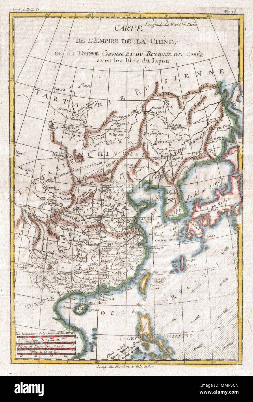 .  English: A fine example of Rigobert Bonne and G. Raynal’s 1780 map of China, Japan, and Korea. Extends from Tartary (Mongolia) south as far as the Philippines, roughly corresponds to modern day countries Vietnam, North Korea, South Korea, China, Japan and the Philippines. Offers considerable inland detail on the mainland, especially in China and Tartary, however, the interiors of Japan, Taiwan (Formosa) and the Philippines are entirely unknown. Shows some ocean currents and trade winds. Drawn by R. Bonne for G. Raynal’s Atlas de Toutes les Parties Connues du Globe Terrestre, Dressé pour l'H Stock Photo