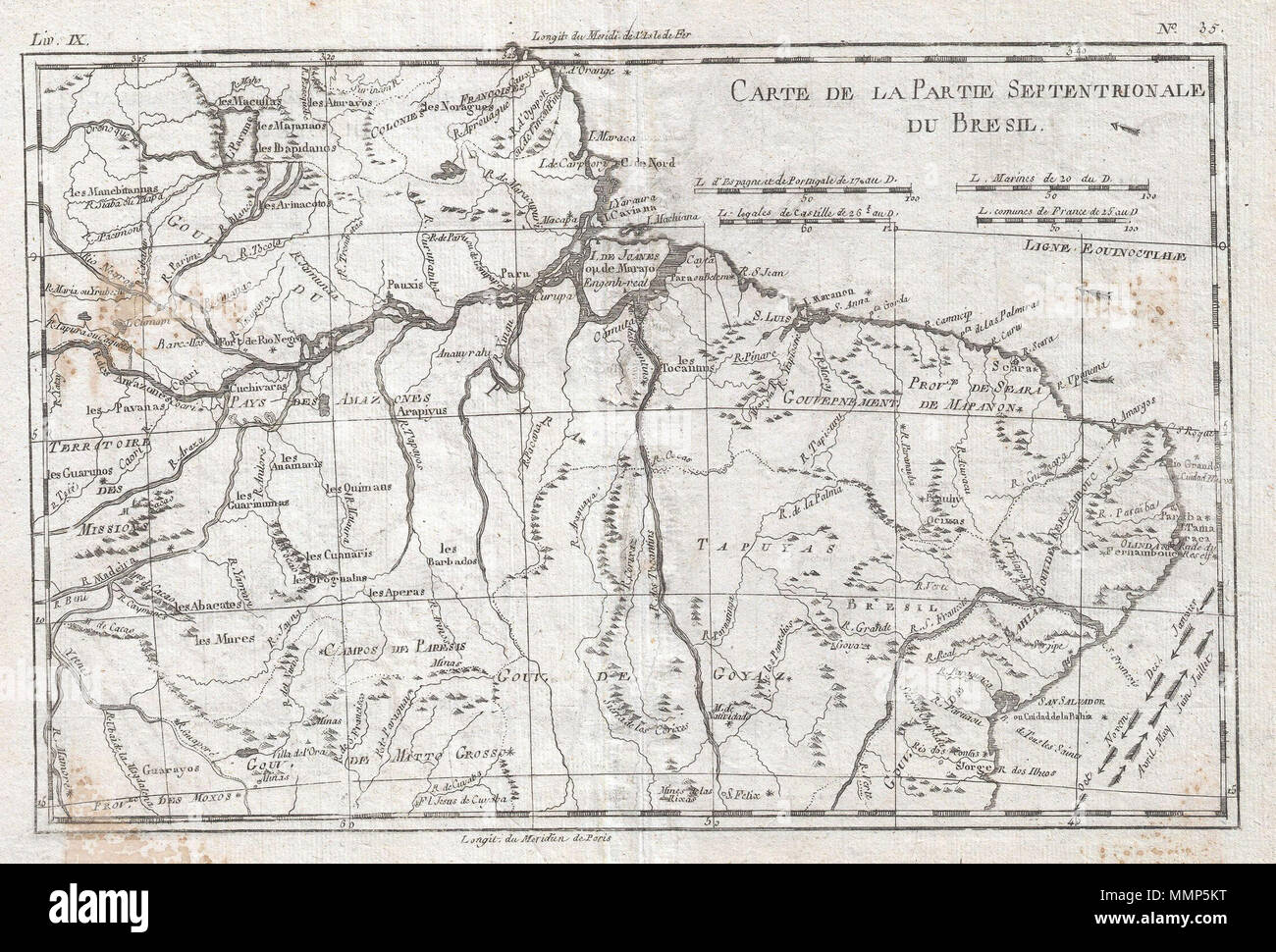 .  English: A fine example of Rigobert Bonne and Guilleme Raynal’s 1780 map of Northern Brazil. This detailed map features the northern portion of Brazil from Bahia to Guyana. This also includes a portion of the Amazon River and its adjancet rainforest, the largest and most species-rich tract of forest in the world. Of note is the legendary Lake Parime in the northwest. It was on the shores of this lake that many explorers believed they could find the city of Manoa, or El Dorado. Explorers such as Sir Walter Raleigh searched this area in a vain attempt locate the lake and legendary City of Gol Stock Photo