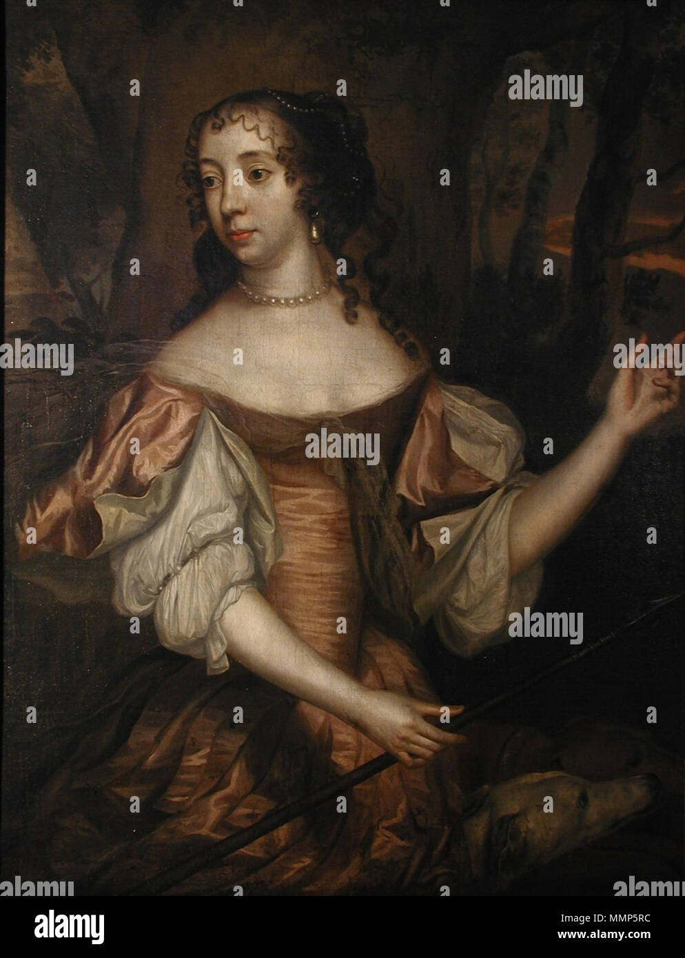 Albertine Agnes, Prinzessin von Oranien, vermählte Fürstin von Nassau-Diez als Göttin Diana Albertine Agnes (1634-1696), die zweite Tochter des Prinzen Friedrich Heinrich und der Gräfin Amalia von Solms-Braunfels, wurde 1652 in Kleve mit Wilhelm Friedrich von Nassau-Diez (1613-1664) verheiratet. Der Ehemann war um 20 Jahre älter und ein entfernter Vetter, er war gerade zum Reichsfürsten erhoben worden und fungierte als Statthalter von Friesland. Das Paar residierte in der friesischen Residenz in Leeuwarden. 1664 fügte sich der Fürst beim Säubern einer Pistole tödliche Verletzungen zu. Die Witw Stock Photo