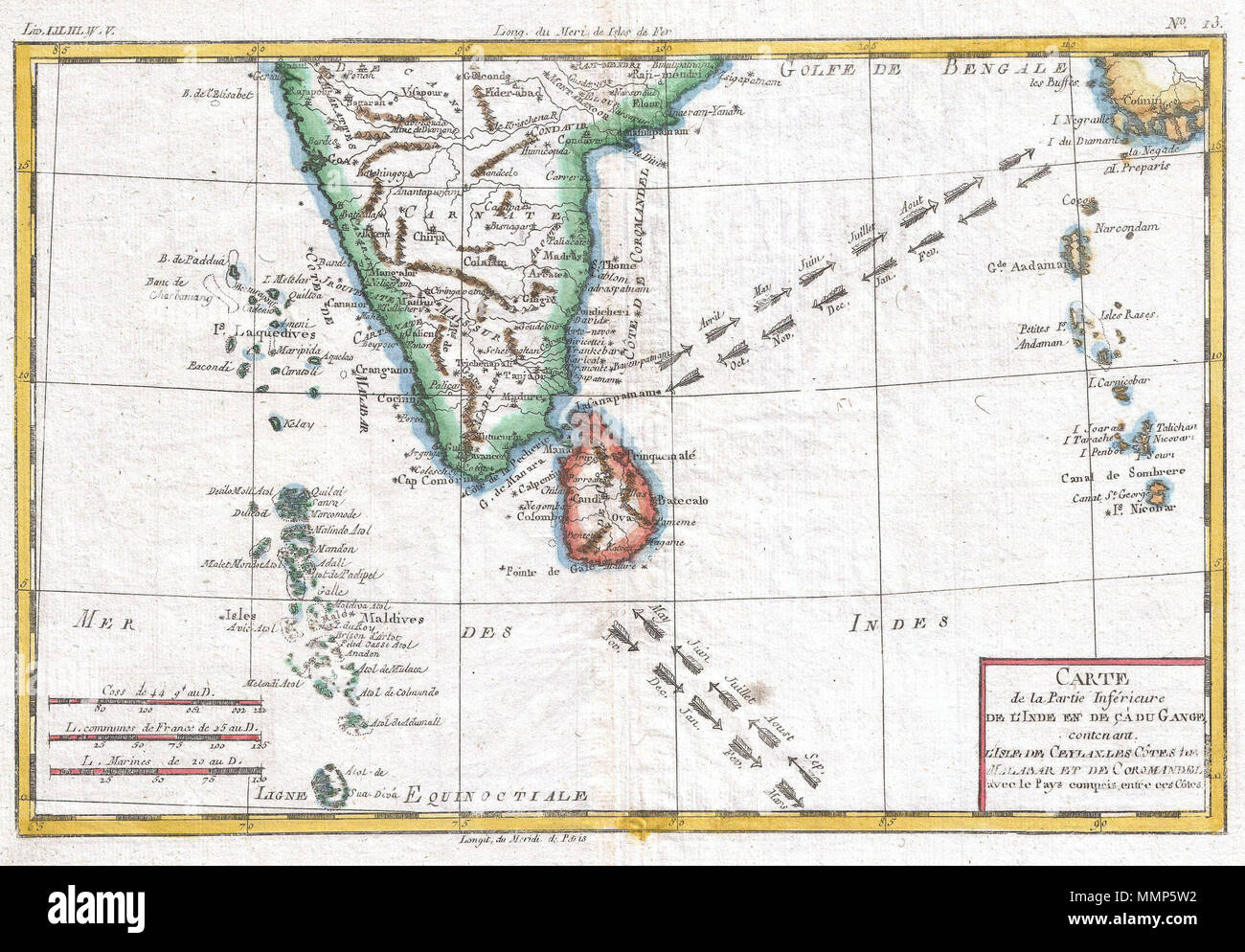 .  English: A fine example of Rigobert Bonne and G. Raynal’s 1780 map of Southern India. Includes the island of Sri Lanka as well as the Maldives and Andaman and Nicobar Island chains. Arrows in the Indian ocean show the direction of the trade wines in different seasons. Highly detailed, showing towns, rivers, some topographical features, ports and political boundaries. Drawn by R. Bonne for G. Raynal’s Atlas de Toutes les Parties Connues du Globe Terrestre, Dressé pour l'Histoire Philosophique et Politique des Établissemens et du Commerce des Européens dans les Deux Indes .  Carte De La Parti Stock Photo