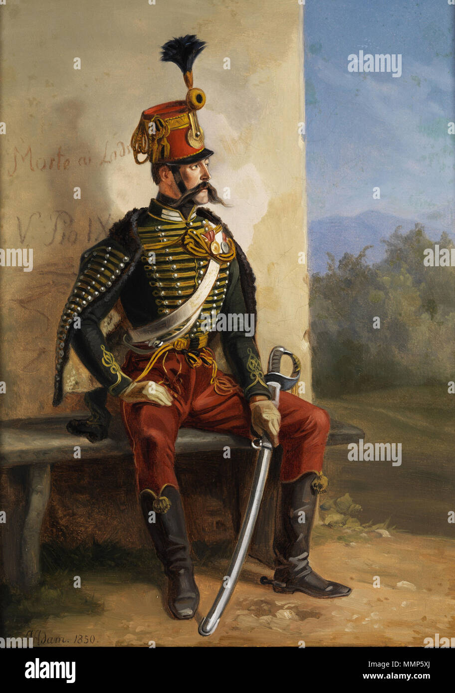 . Französischer Soldat bei der Rast (in Italien? siehe die Aufschriften auf der Wand), Öl auf Leinwand. 34 x 24,5 cm. Links unten signiert und datiert 1850.  . 1850.   Albrecht Adam  (1786–1862)     Alternative names Albrecht von Adam  Description German painter and engraver  Date of birth/death 16 April 1786 28 August 1862  Location of birth/death Nördlingen Munich  Authority control  : Q723297 VIAF:?7379643 ISNI:?0000 0001 1036 7947 ULAN:?500023862 LCCN:?n82052843 GND:?116006374 WorldCat Albrecht Adam Soldat bei der Rast 1850 Stock Photo