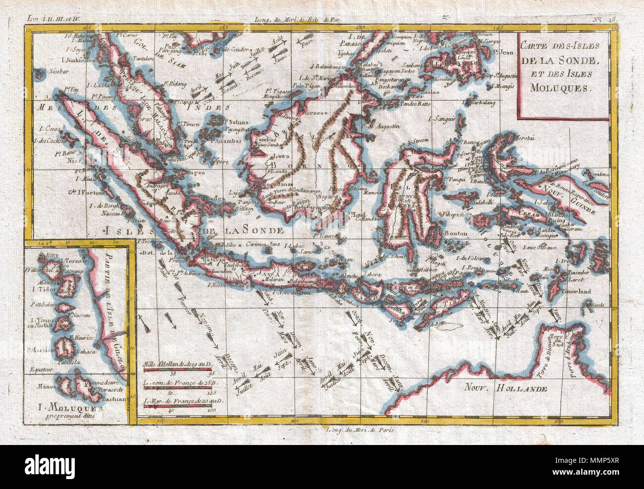 .  English: A fine example of Rigobert Bonne and Guilleme Raynal’s 1780 map of the East Indies. Covers from the Malay peninsula to Australia inclusive of Sumatra, Java, Singapore, Borneo, New Guinea, and northern Australia (Nouv. Holland). Identifies the strait of SinCapura, but mot the Island of Singapore. The southern shores of New Guinea are only partially explored and here have been left blank. Arrows in the seas show the important trade winds that facilitated commerce in this region from the earliest antiquity. Includes detailed inset of Moluccas in lower left quadrant. Highly detailed, s Stock Photo