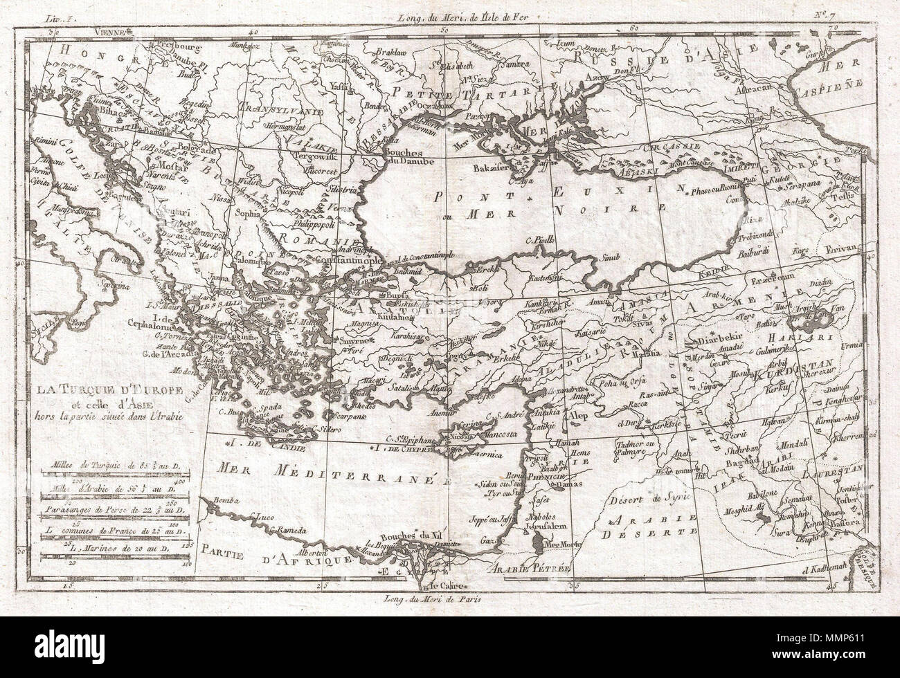 .  English: A fine example of Rigobert Bonne and Guilleme Raynal’s 1780 map of Turkey in Europe and Asia. This map of the Ottoman Empire includes the areas stretching from Italy, Hungary, and modern day Austria in the west, to the Caspian (Caspiene) Sea and Iran in the east, to the Persian Gulf and Egypt's Nile Delta in the south. Includes modern day Greece and Turkey in their entirety (including the area formerly known as Kurdistan), as well as Georgia (Georgie), Armenia, Jordan, Israel, Palestine, Iran, Iraq, and Syria. Denotes Jerusalem, Baghdad (Bagdad), Constantinople (the capital of the  Stock Photo