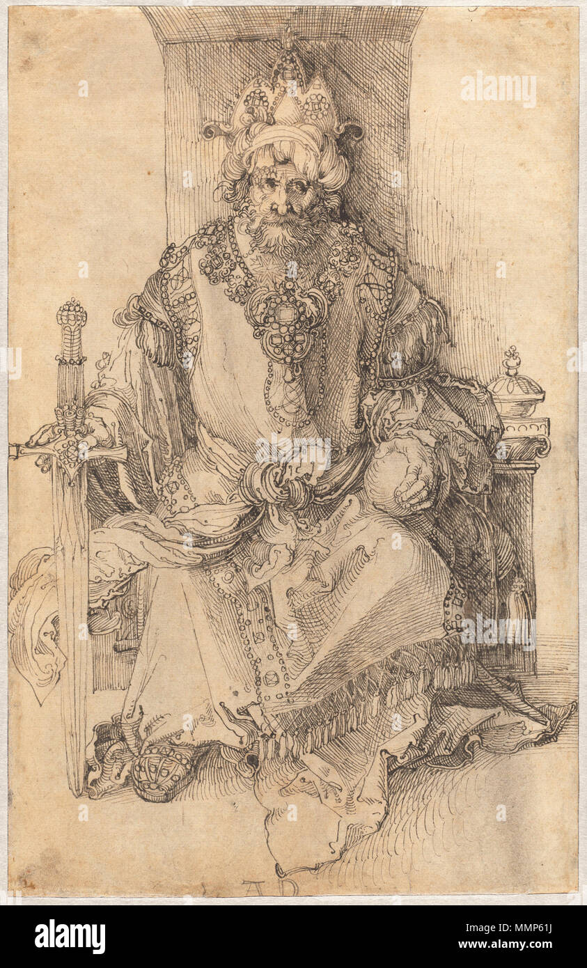 An Oriental Ruler Seated on His Throne Drawing; pen and black ink on laid paper; overall: 30.6 x 19.7 cm (12 1/16 x 7 3/4 in.); Albrecht Dürer - An Oriental Ruler Seated on His Throne Stock Photo