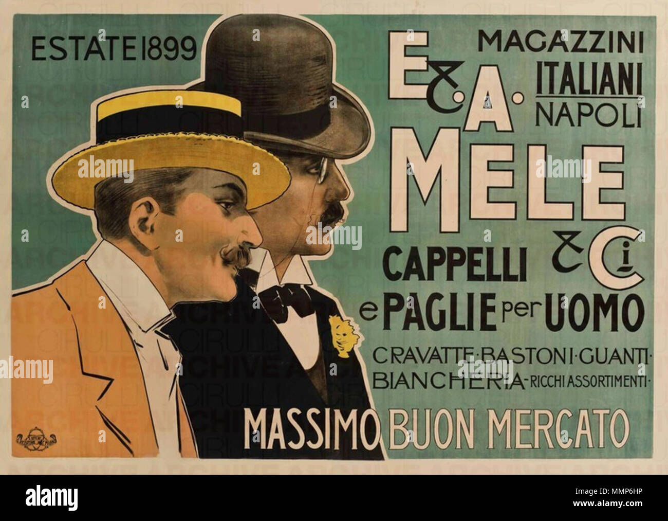 English: Advertising poster for Mele department store: Cappelli per Uomo .  1899. Aleardo Villa (1865–1906) Description Italian painter and illustrator  Date of birth/death 12 February 1865 31 December 1906 Location of