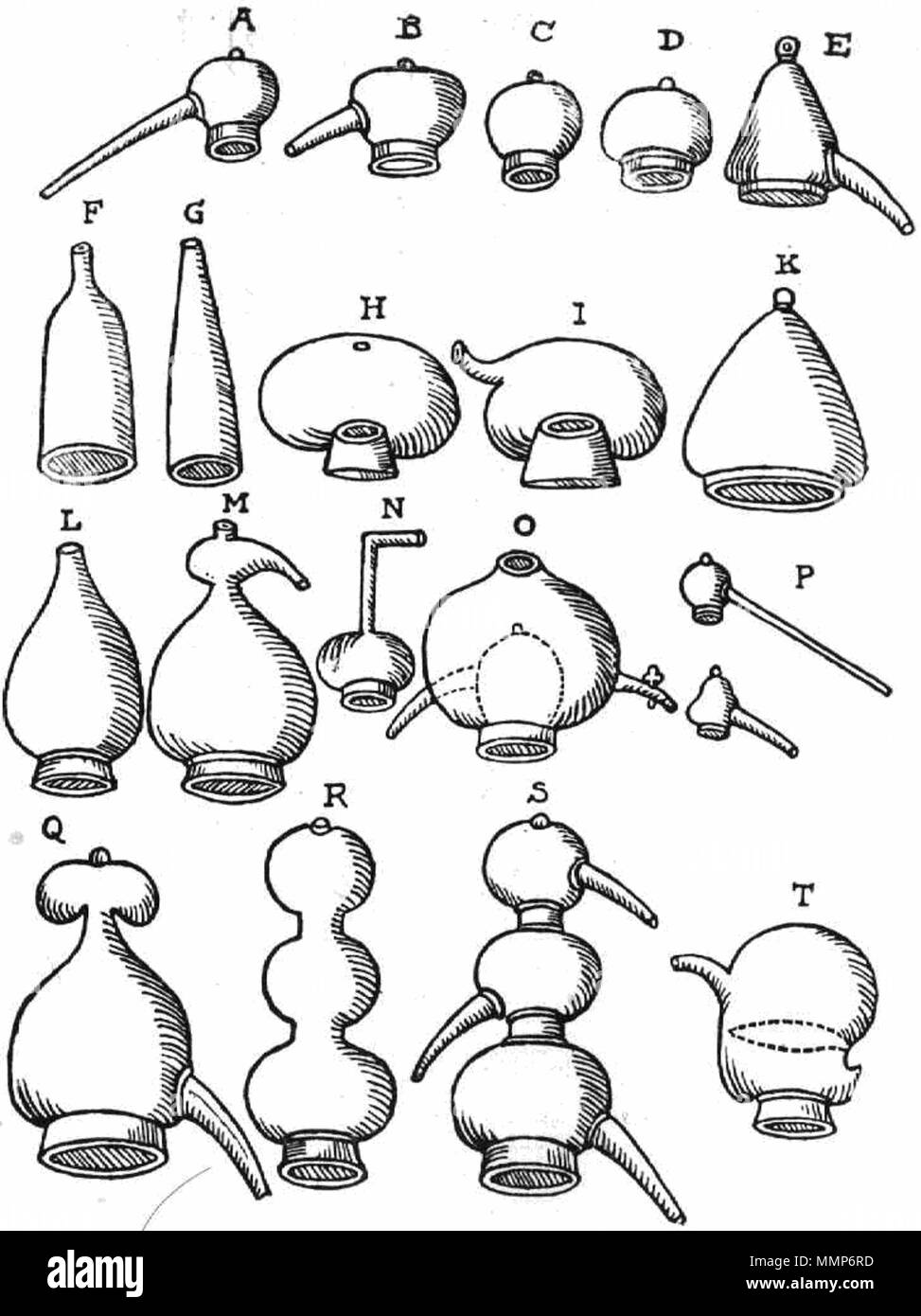 . English: Drawings of alembics from a Renaissance chemistry book by Andreas Libavius. These were glass and ceramic hoods for vessels used for distillation. The distillation vessel (called the 'cucurbit') would be heated by a flame, the liquid inside would boil and the vapor would rise into the alembic, where it would condense by contact with the cool glass walls and run down the spout into a receiving container. Alembics were invented during the Middle Ages for use in alchemy, the protoscientific precursor to chemistry. Alembics from Andreas Libavius Alchymia Stock Photo