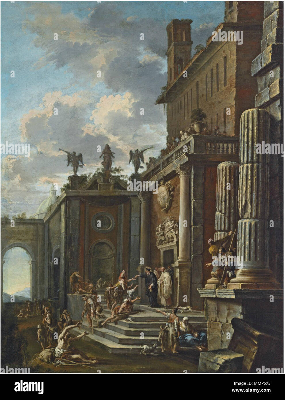 A saint giving alms at a church door. 1700s. Alessandro Magnasco and