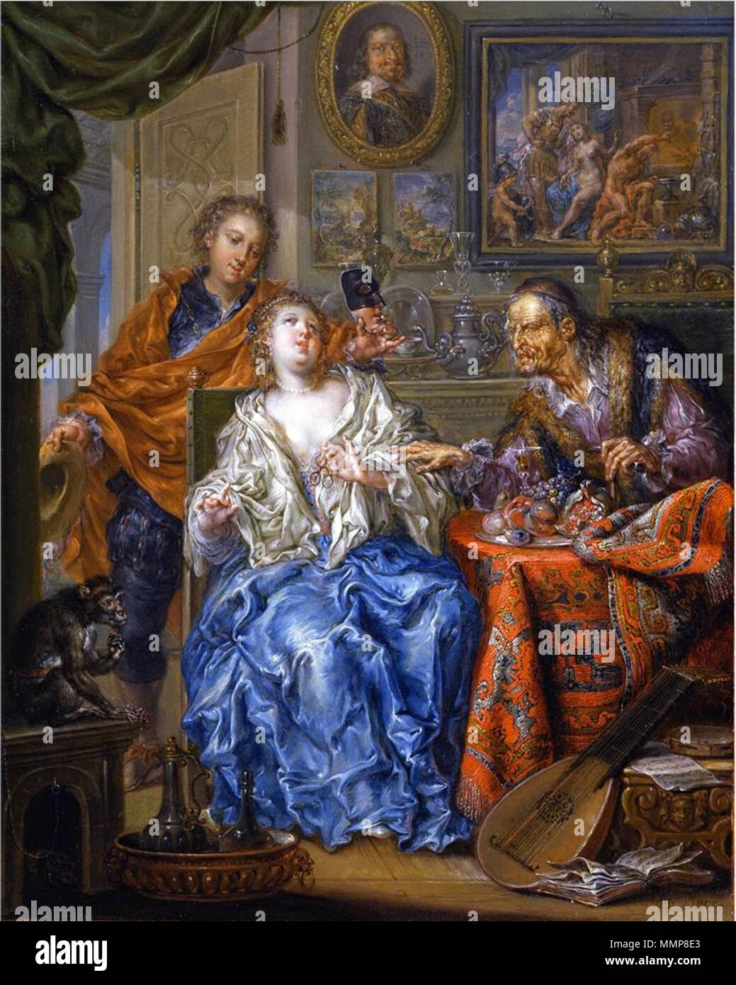 An old man sits with his young wife and her lover, who holds a mask symbolising deception. A painting showing the infidelity of Venus can be seen in the upper right An old man sits with his young wife and her lover, who holds a mask symbolising deception. A painting showing the infidelity of Venus can be seen in the upper right