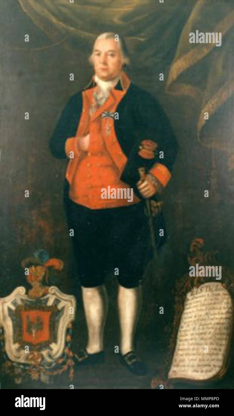 .  Español: Andrés Almonaster y Rojas English: Andrés Almonester (sometimes given as 'Almonaster') formal painted portrait, New Orleans, 1796. Almonester is shown with his ceremonial walking stick as Regidor of the Cabildo, sword designating rank of Colonel, and insignia of knighthood in the Order of Charles III. His family crest is at lower left; a list of his accomplishments in Spanish Colonial New Orleans is at lower right. The pose conceals his hand disfigured by injury some years before. (Details about painting via book 'Intimate Enemies' by Christina Vella)  . 1796. AlmonasteryRojas NewO Stock Photo