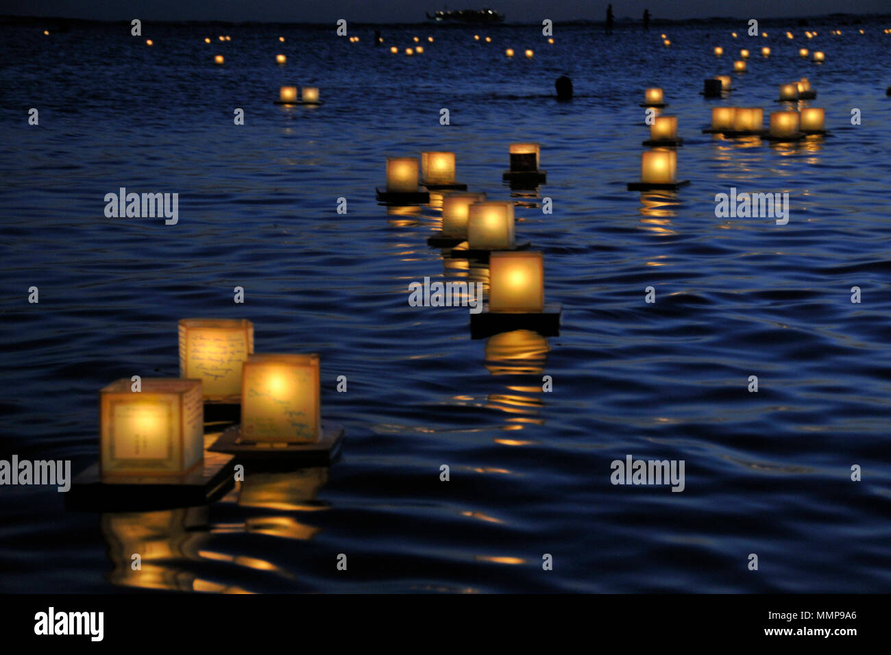 Lantern floating ceremony for Memorial Day, Oahu, Hawaii, USA Stock Photo