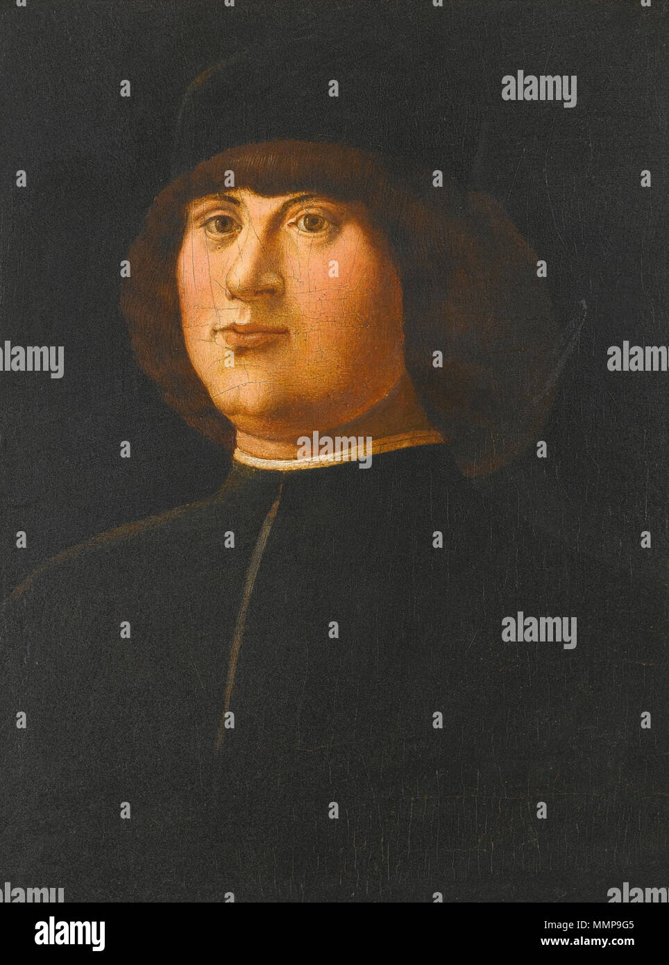 Portrait of a Gentleman in a black Cap with an elaborate Zazzera.. 15th century. Alvise Vivarini Portrait of a Gentleman in a Black Cap with an elaborate Zazzera Stock Photo