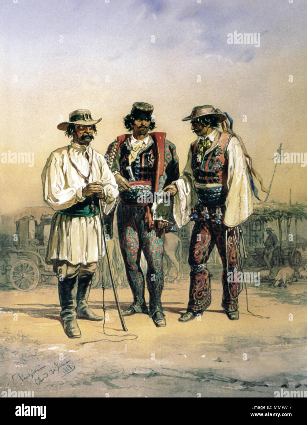 English: Amedeo Preziosi - Coachmen of Obor, 1868. Modified: annotation  bottom left was deleted, see the other version. It is a postcard. Română:  Amedeo Preziosi - Surugii din Obor, 1868. Modificat: