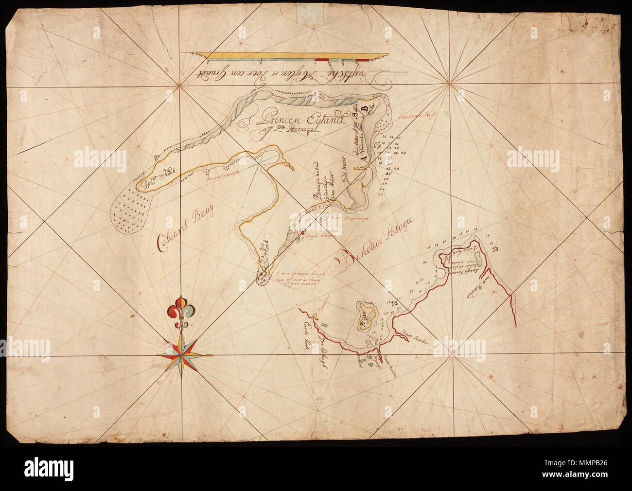 .  Nederlands: Titel in catalogus Leupe (Nationaal Archief): Kaart van 't Princen Eylandt of P. Pontangh, met de Behoude passagie, van de Eerste tot de Tweede Hoek. Notities verso: Jaavast Westkust en De Behouwde passagie. English: Title in the Leupe catalogue (National Archives): Kaart van 't Princen Eylandt of P. Pontangh, met de Behoude passagie, van de Eerste tot de Tweede Hoek. Notes on reverse: Jaavast Westkust en De Behouwde passagie.  Nederlands: Kaart van Java's westkust en Princen Eyland English: Map of Java's west coast and Princen Island . between 1650 and 1750. Nederlands: Anoniem Stock Photo
