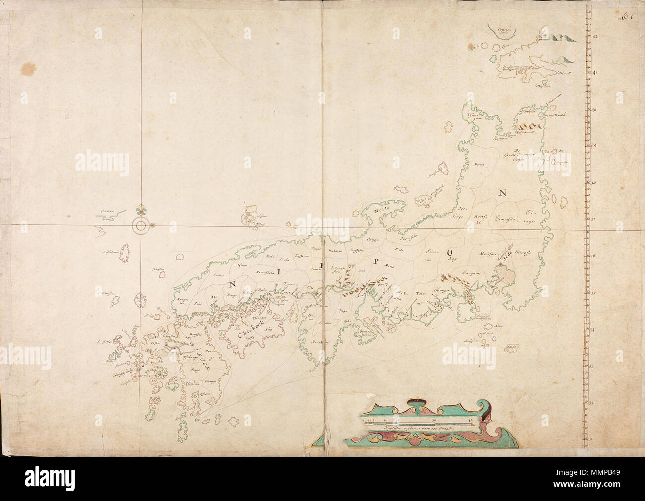 .  Nederlands: Titel in catalogus Leupe (Nationaal Archief): Kaart van Nippon en omliggende Eilanden. Rechtsboven genummerd: 40.b. De randen zijn geplakt. Notities verso: Japan / No 38/8/ [in potlood]. English: Title in the Leupe catalogue (National Archives): Numbered top right: 40.b. The edges have been repaired. Notes on reverse: Japan / No 38/8/ [in pencil].  Nederlands: Kaart van Japan English: Map of Japan . between 1690 and 1743.   Isaak de Graaf  (1668–1743)    Alternative names Isaac de Graaf; Isaac de Graaff  Description Dutch cartographer  Date of birth/death 1668 5 September 1743   Stock Photo