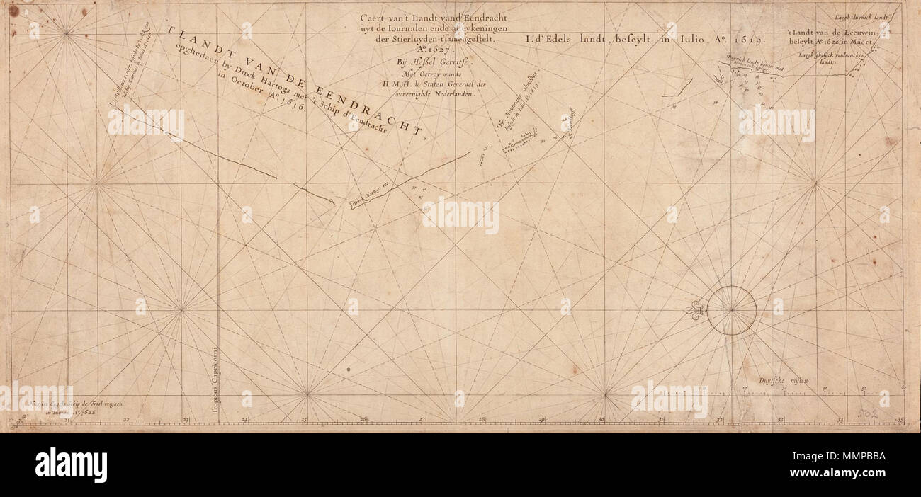 .  Nederlands: Titel in catalogus Leupe (Nationaal Archief): Caert van 't Landt van d'Eendracht uyt de Iournalen ende afteykeningen der Stierluyden 't samengestelt. De kaart is op linnen/katoen geplakt. English: Title in the Leupe catalogue (National Archives):Caert van 't Landt van d'Eendracht uyt de Iournalen ende afteykeningen der Stierluyden 't samengestelt. The map has been pasted on linen/cotton.  Nederlands: Kaart met een kustdeel van Australië English: Map showing a stretch of the Australian coast . 1627. Creator:Hessels Gerritsz. Nederlands: Hessels Gerritsz. (landmeter / kaartenmaker Stock Photo