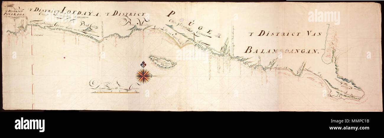 .  Nederlands: Titel catalogus Leupe (NA): Kaart als voren, van het Clappers Eylandt tot aan de Oosthoeck, hiermee wordt bedoeld de titel van VEL0436: Kaart van de zuidkust van Java.... Rechtsonder genummerd 264. Notities verso: de zuijd kant van Java 4 Caarten. De kustlijn loopt van 'T West Eijndt of de eerste hoeck van Java tot Van Laage Afflopende hoeck. Achter de kustlijn liggen bergen hoog steijl Gebergte, Wijnkoops Bergen, Dit Langs heen 3 a 4 dubbele Gebergte. Voor de kust is een genummerde stippellijn met de vermelding geen grondt. Onderin is de schaalverdeling duijtsche Mijlen 15 voor Stock Photo