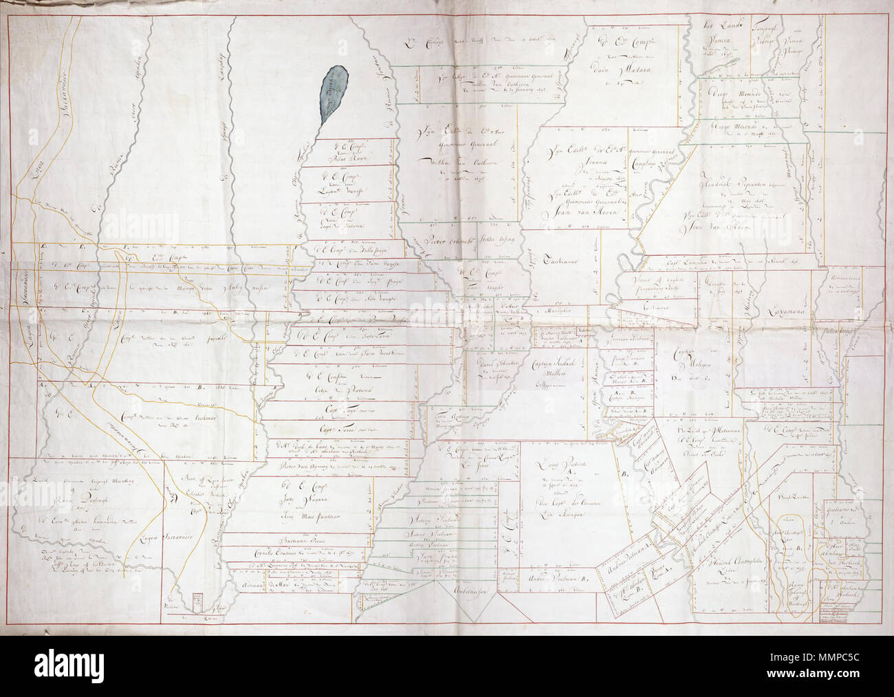 .  Nederlands: Titel catalogus Leupe (NA): Kaart als voren, tusschen de rivier Groot Tsjiakon, de rivier Crocot en het spruytje Tsiroa, hiermee wordt bedoeld de titel van VEL1184 Kaart van Batavia, met de daaromheen leggende bebouwde landen, benevens de namen der bewoners of eigenaars. Het papier van de kaart is op linnen gelijmd. Acht bladen zijn aaneen geplakt. Notities verso: 609 [met vette cijfers gestempeld op een etiketje], 1711 [in potlood]. De kaart toont de indeling van het land, namelijk van wie het is en per wanneer het land gekregen is: Capteijn Fredrik Mullers Erfgenamen; David Sc Stock Photo