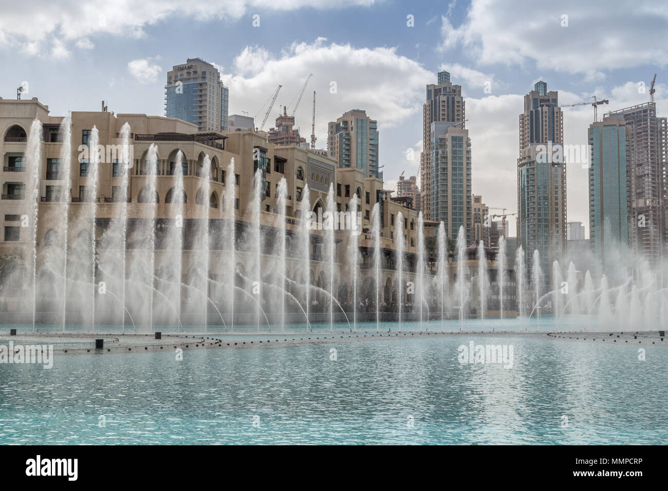 The Dubai Fountain, the world's largest choreographed fountain system in the Dubai Mall shopping centre, Dubai, UAE Stock Photo