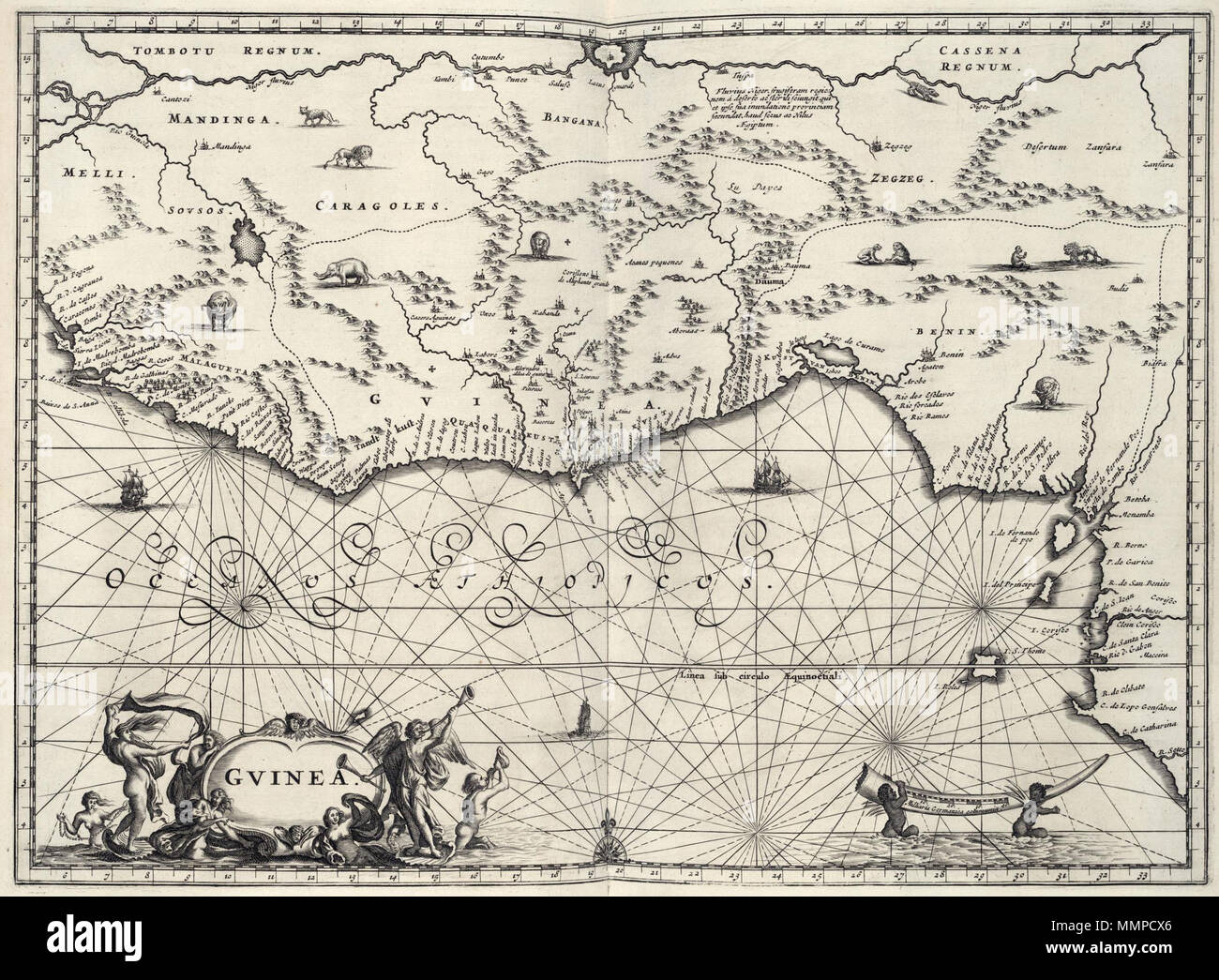 wetgeving Rand rand Nederlands: Kaart van Guinea. Gvinea. Dr. Olfert Dapper (1636-1689)  publiceerde na 1663 een groot aantal boeken. Hij schreef een geschiedenis  van de stad Amsterdam en verzorgde de eerste Nederlandse vertaling van
