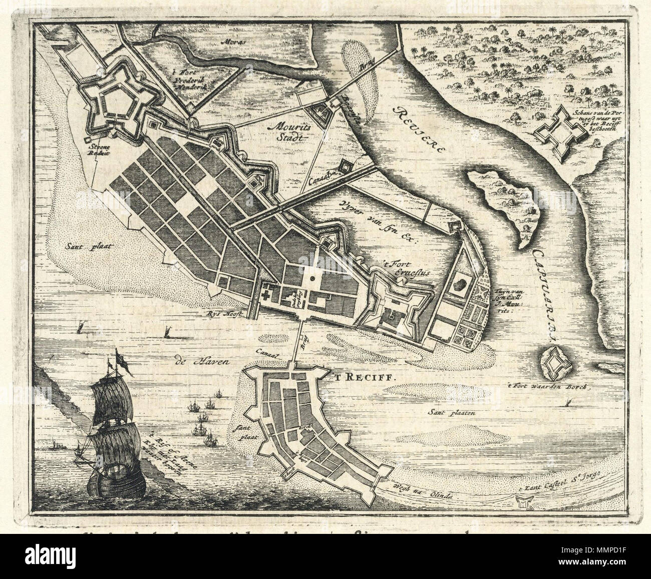 Nederlands: Plattegrond van Recife en Mauritsstad. Aan de plattegrond zijn  verscheidene opmerkingen toegevoegd. De plattegrond lijkt sterk op de kaart  van Johannes Vingboons, Nationaal Archief, inv. nr. VELH 619.74. Cf.  Rijksmuseum,