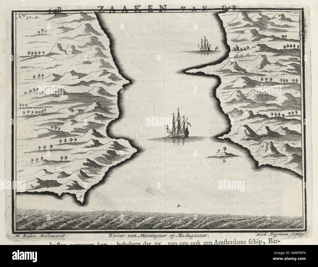 .  Nederlands: Rivier van Maningaar op Madagascar. Rivier van Mattingaar op Madagascar. Linksboven: No: 50.a. De afbeelding is afkomstig uit: 'Oud en Nieuw Oost-Indiën' van François Valentyn. Op de afbeelding worden legendanummers 1 tot en met 4 gegeven, maar niet verklaard. Ook in de tekst is geen aanduiding te vinden. Volgens Valentyn was er aan de Maningaar rivier een Nederlandse handelspost. De rivier is waarschijnlijk de Manarara rivier aan de oostkust bij de Baai van Antongil. English: Maningaar River on Madagascar. Rivier van Mattingaar op Madagascar. Top left: No: 50.a. The plate is ta Stock Photo