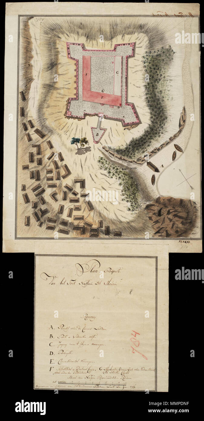 .  Nederlands: Plattegrond van het fort Nassau te Mouri. Titel catalogus Leupe (NA): Plan en Prospect van het fort Nassau tot Mouré. Plan-Prospect / Van het Fort nassau tot Mouré. Het formaat van de aan het plan vastgeplakte toelichting is 28 x 25,5 cm. Notities verso: No. 28 Het Fort Nassau. Register 8, Deel 1, Folio 34, Portefeuille .. [geschreven op een blauw etiket] / 478 [met vette cijfers gestempeld op een etiketje] / no. 1 M. Linksboven en rechtsonder op de kaart, rechts op de toelichting: 784 [in potlood]. Rechtsonder: Plan XI:. Legenda: Renvoij / A. Plaats waar de Canoos Landen. / B.  Stock Photo