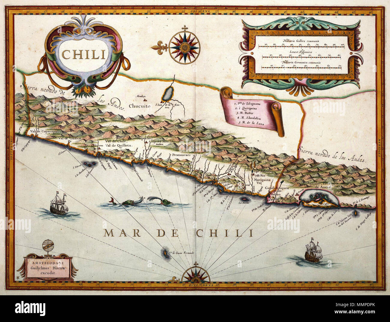 Op het randje Brullen vis Nederlands: Kaart van Chili. Chili. Willem Jansz. Blaeu (1571-1638)  publiceerde deze kaart van Chili in zijn 'Appendix atlas' uit 1630. De  gegevens voor het samenstellen van deze kaart, èn alle andere