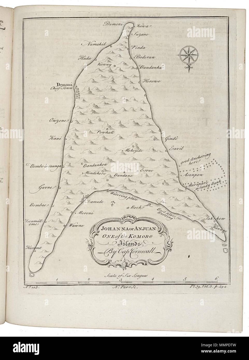 .  Nederlands: Kaart van Anjuan. Johanna or Anjuan / One of the Komoro Islands. Linksonder: No. 103. Rechtsonder: Pl. 39. Vol. p. 392. Cf. Koninklijke Bibliotheek, Den Haag, inv. nr. 693 C 6 dl VI, na p. 541. English: Map of Anjuan. Johanna or Anjuan / One of the Komoro Islands. Bottom left: No. 103. Bottom right: Pl. 39. Vol. p. 392. Cf. Koninklijke Bibliotheek, The Hague, inv. nr. 693 C 6 part VI, after p. 541.  Nederlands: Kaart van Anjuan English: Map of Anjuan . 1745. Creator:G. Child Creator:Cornwall Nederlands: G. Child (graveur / etser), Anoniem / Anonymous (uitgever), Cornwall (landme Stock Photo