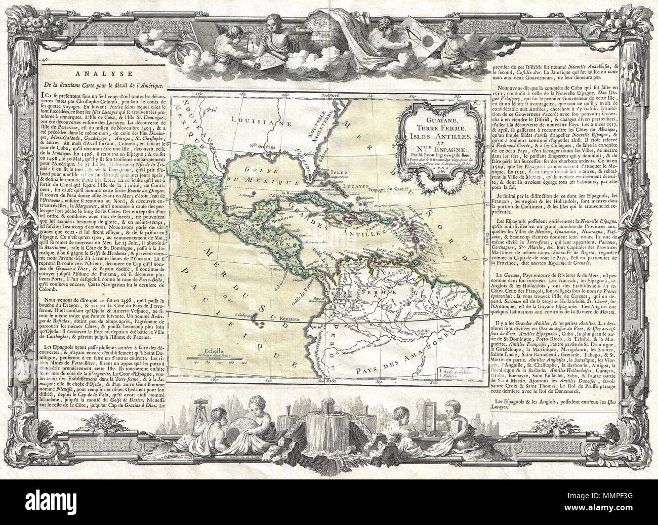 English: A stunning decorative 1766 map of Mexico, Central America and the  West Indies by Louis Brion de la Tour. Covers from the Chesapeake Bay south  to Peru and the Amazon