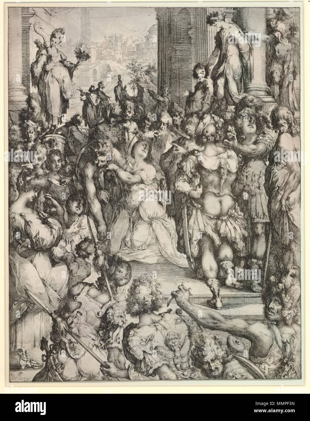 . English: The martyrdom of St Lucy, stabbed with a dagger; around her, people and soldiers, and a statue of Diana holding an oil-lamp; antique buildings, obelisk and fortified city in the background. 1613/6 Etching with stipple Inscriptions Inscription Content: Signed on plate. Dimensions Height: 447 millimetres (trimmed) Width: 347 millimetres (trimmed)  . 1610s.   Jacques Bellange  (1575–1616)     Alternative names Jacques de Bellange; Jacques Charles de Bellange; Jacques. Bellange; Jacques Belange; Charles Bellange; Jac. Bellange; Charles de Bellange  Description French etcher, painter and Stock Photo