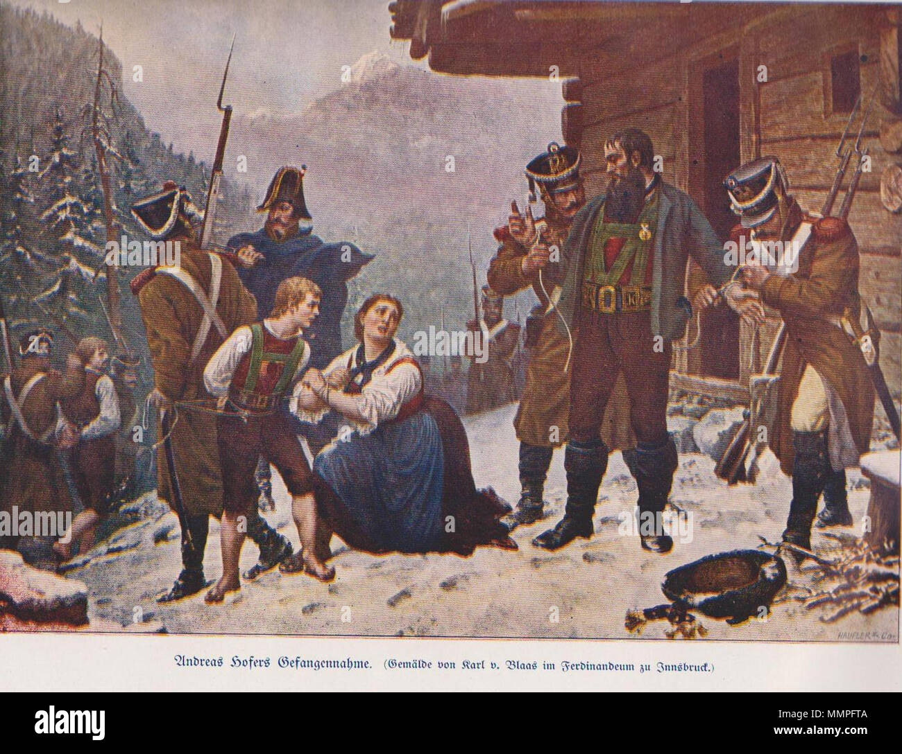 . French soldiers capturing Andreas Hofer on January 28, 1810 on a Tyrolean alpine hut called Mähderhütte, located on the Pfandleralm opposite St. Martin in Passeier.  . 31 December 1890.   Karl von Blaas  (1815–1894)     Description Austrian painter, autobiographer and mosaicist  Date of birth/death 28 April 1815 19 March 1894  Location of birth/death Nauders Vienna  Authority control  : Q265340 VIAF:?25403968 ISNI:?0000 0000 6675 9010 ULAN:?500003906 LCCN:?nr88000025 GND:?119038560 WorldCat Andreas Hofers Gefangennahme (Karl v Blaas) Stock Photo
