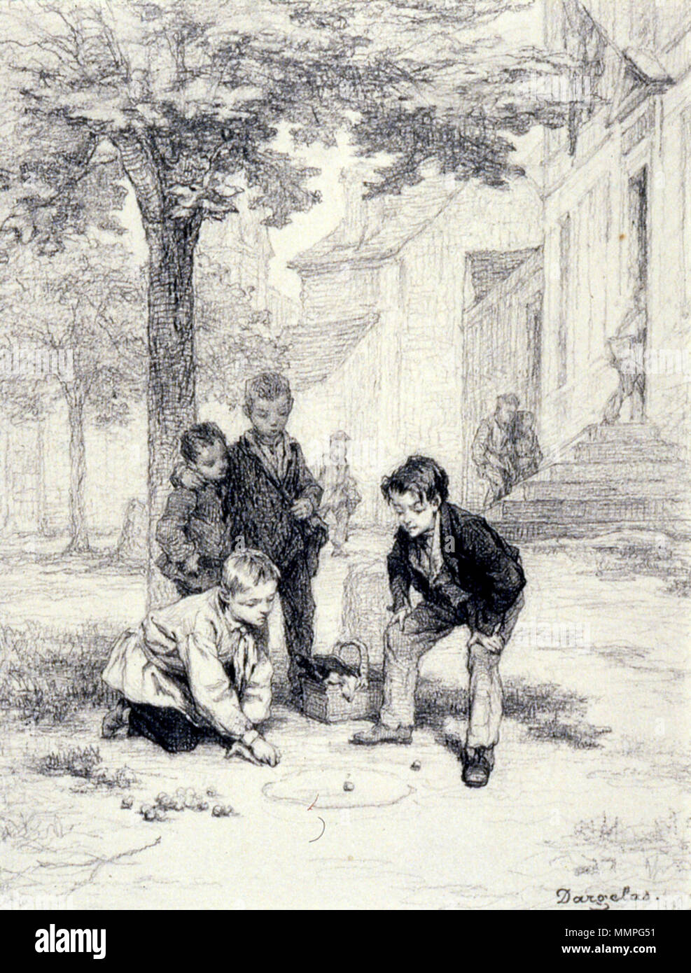 37.1636 André-Henri Dargelas (French, 1828-1906). 'Boys Playing Marbles,' ca. 1860. graphite on slightly textured, moderately thick, cream laid paper. Walters Art Museum (37.1636): Acquired by William T. Walters. André-Henri Dargelas - Boys Playing Marbles - Walters 371636 Stock Photo