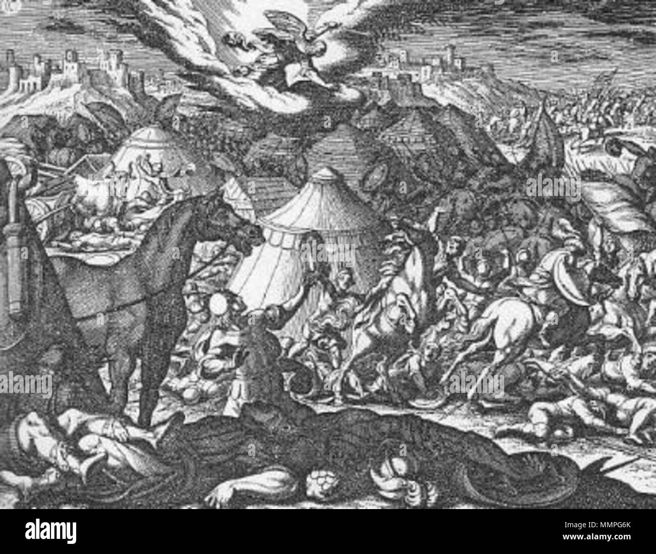 . English: Angel smites the Assyrians  . between 1625 and 1630. MERIAN, Matthaeus the Elder Angel smites the Assyrians Stock Photo